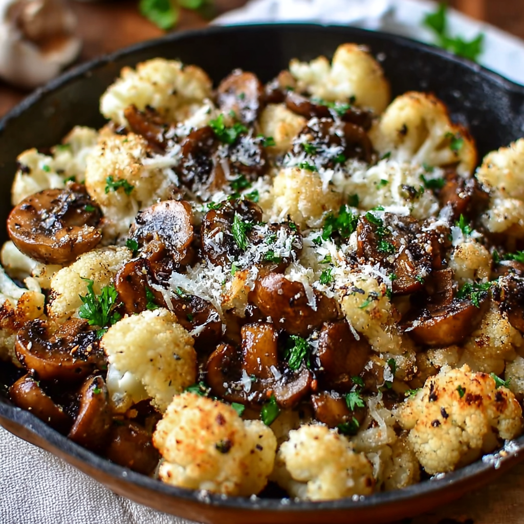 Close-up of sautéed cauliflower and mushrooms with garlic and parsley
