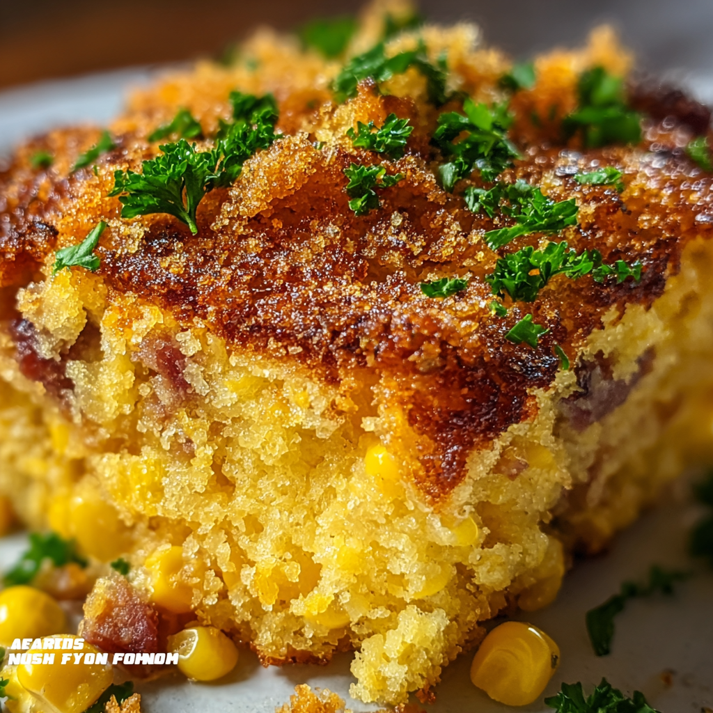 Slice of loaded cornbread casserole topped with green onions and bacon