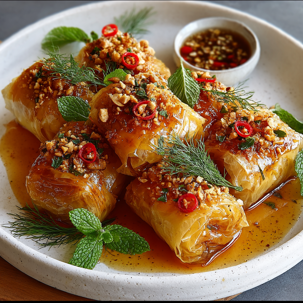 Close up of feta roll with drizzle of chili honey