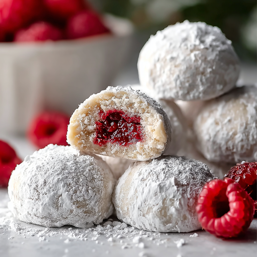Raspberry Almond Snowball Cookies