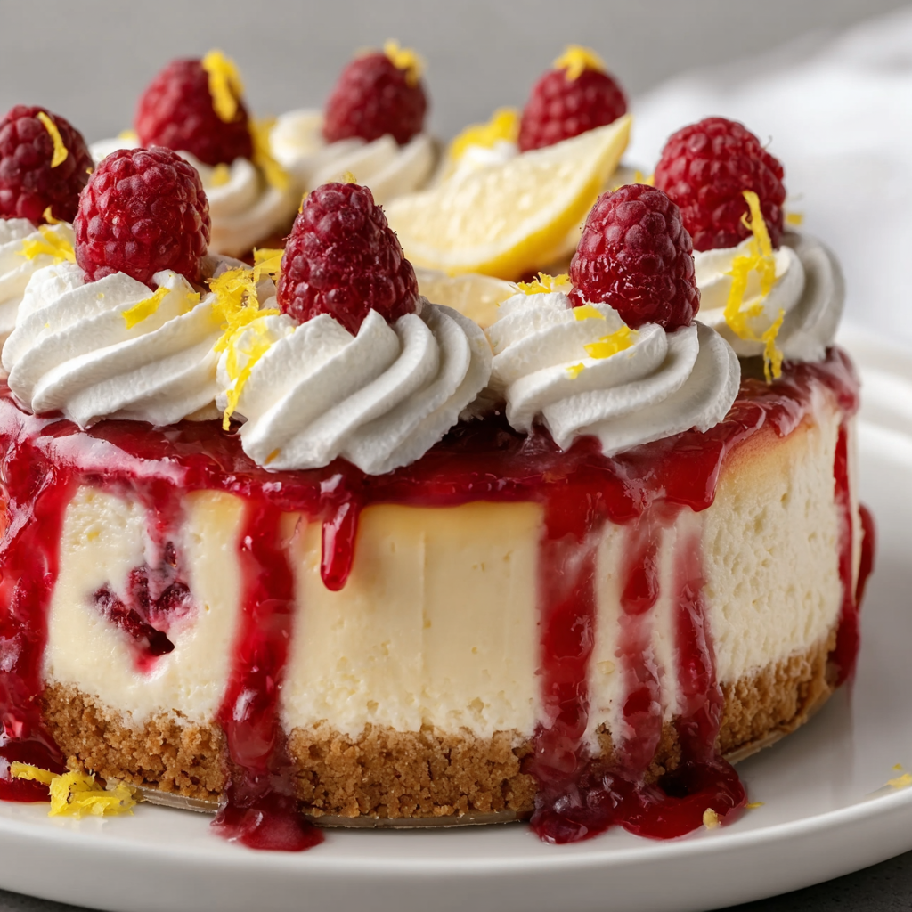 Whole lemon raspberry cheesecake on table