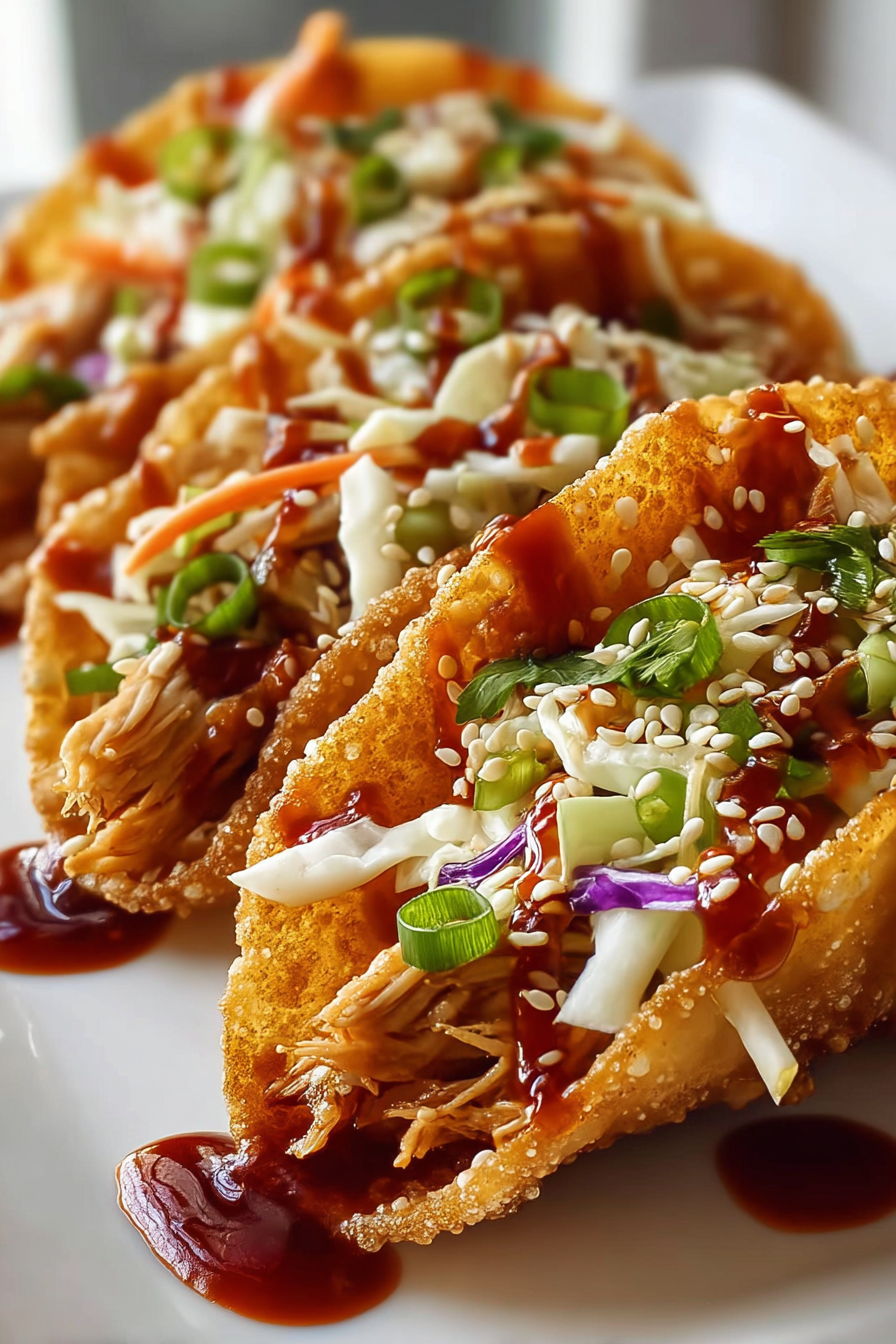 Crispy chicken wonton tacos on a wooden board