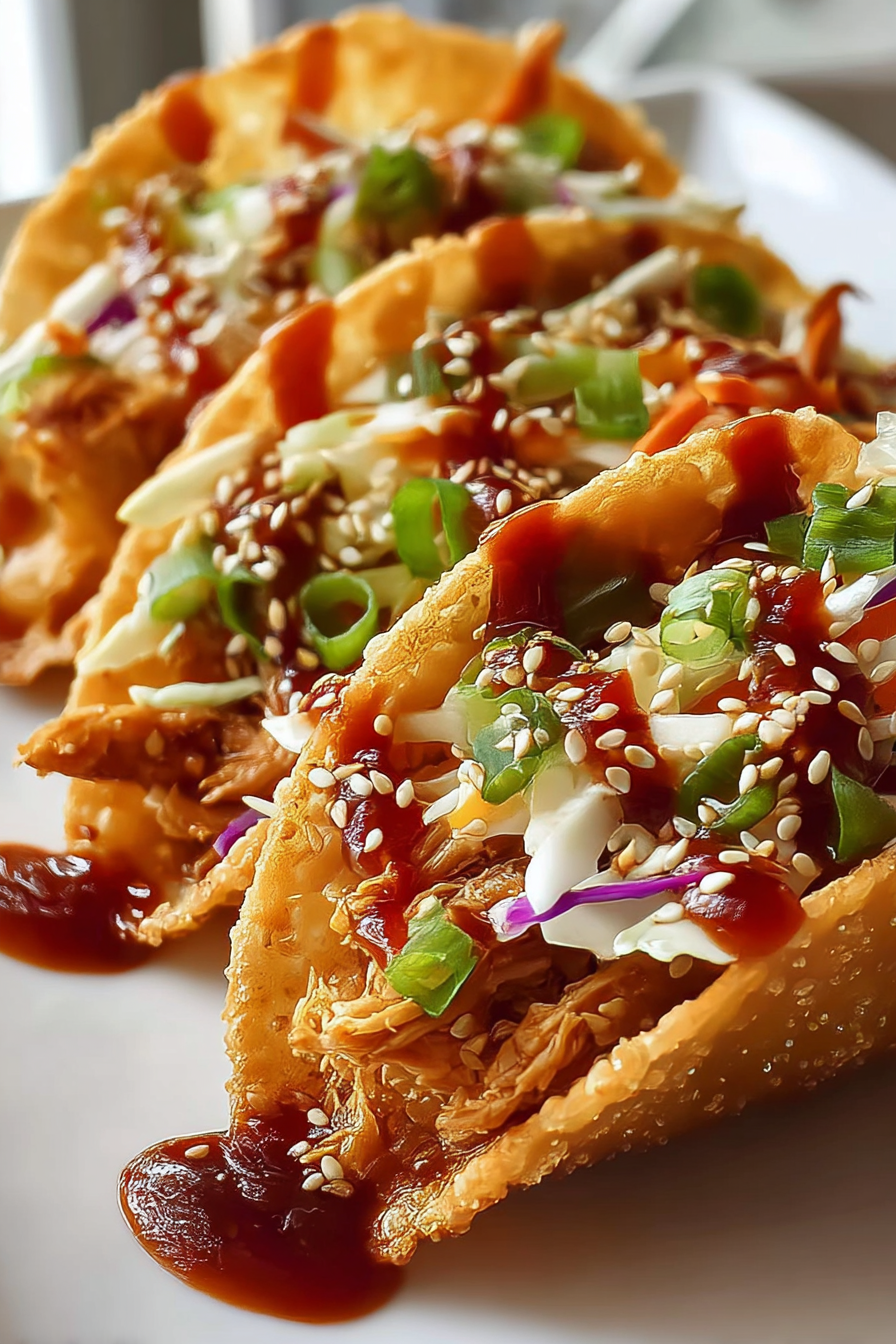 Close-up of a single crispy wonton taco
