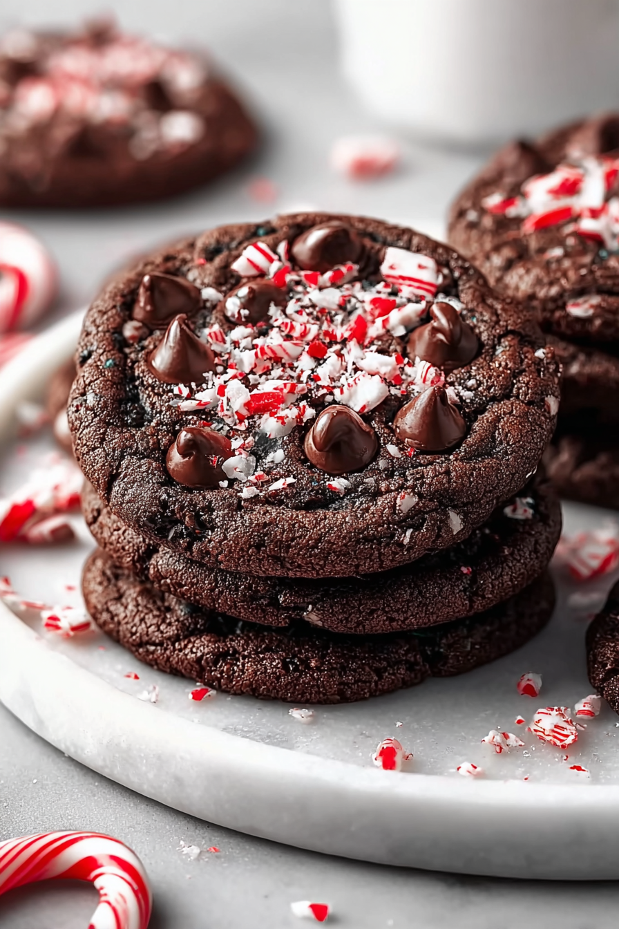 Chewy double chocolate peppermint cookies on a cooling rack