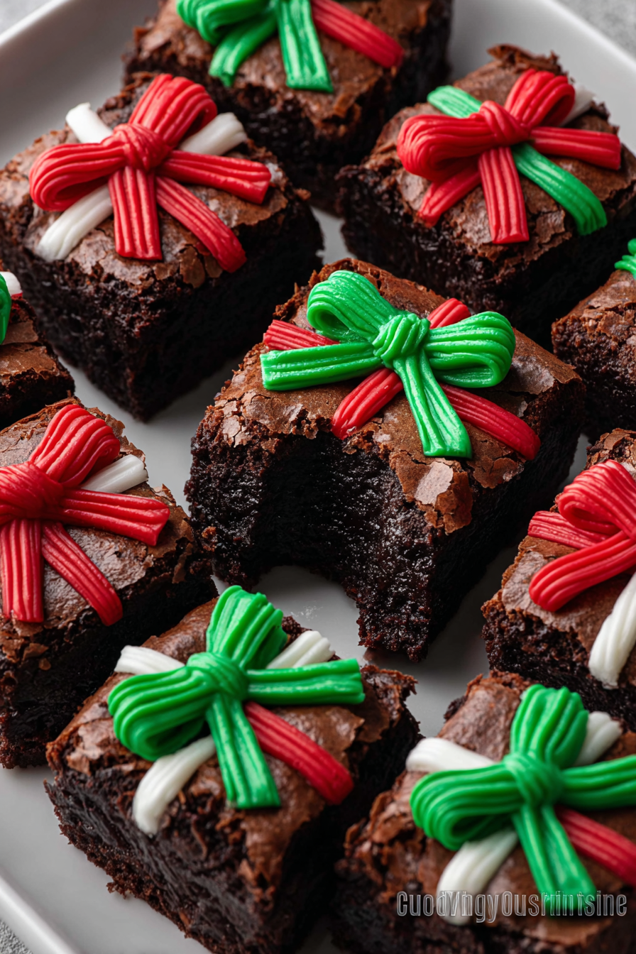 Decorated brownie squares resembling tiny wrapped presents
