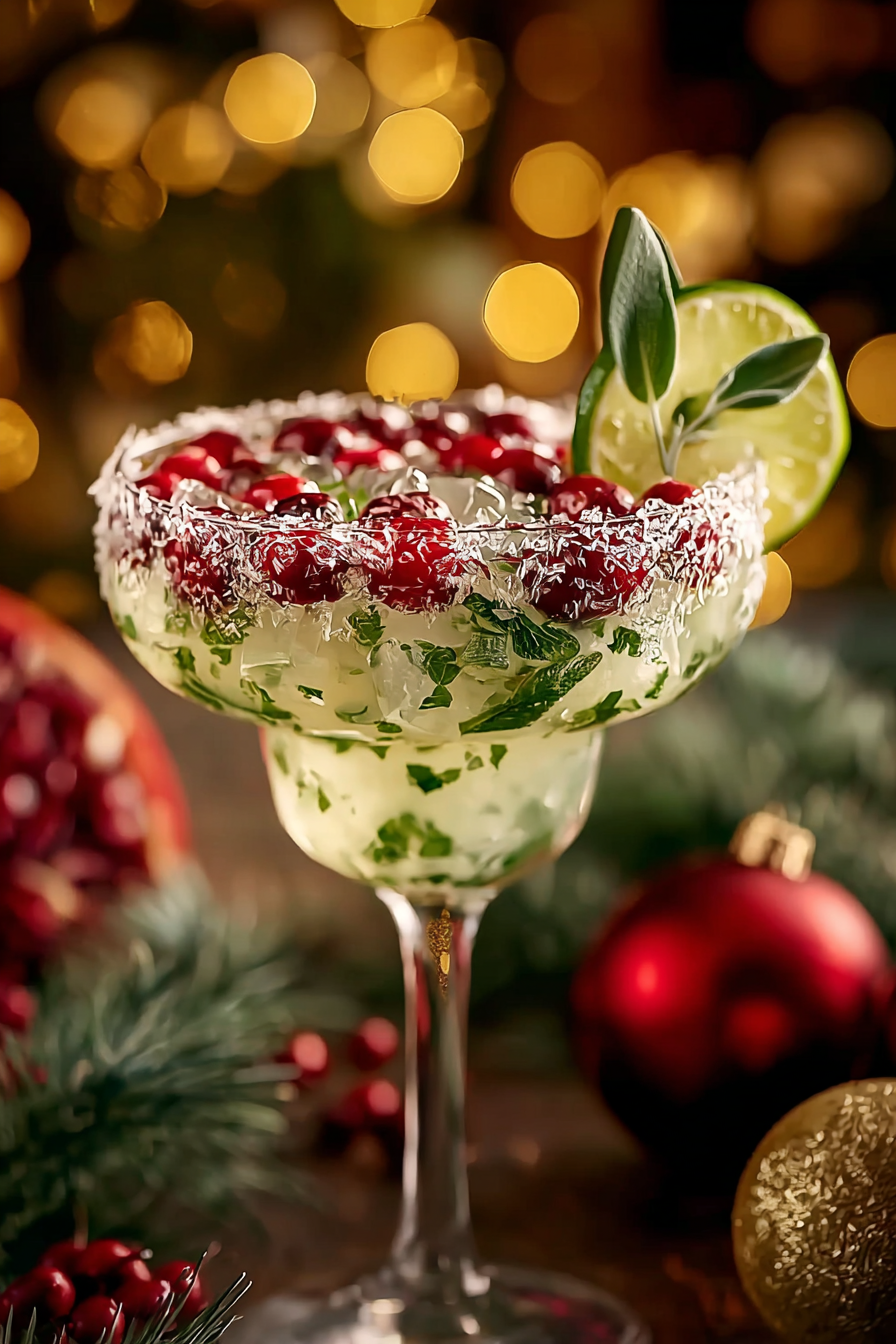Mistletoe Margarita in a glass with cranberries and mint