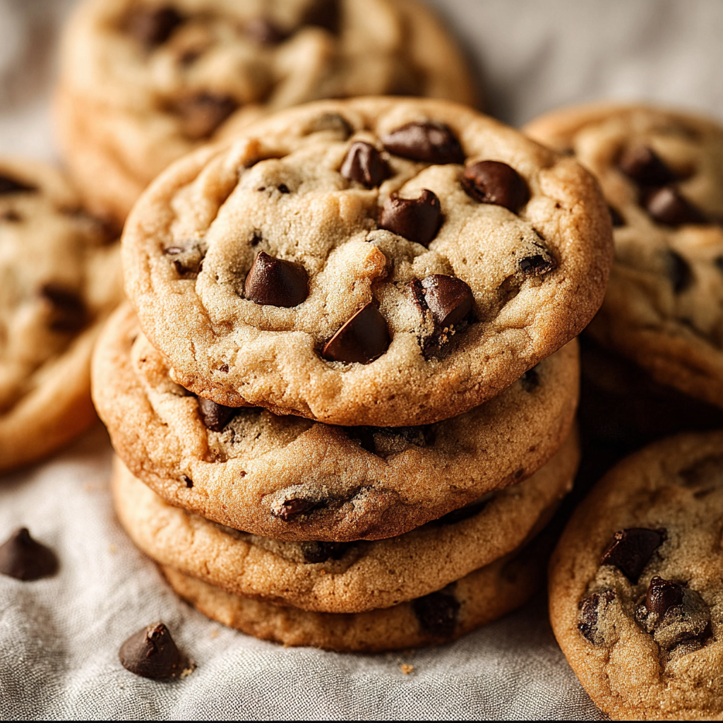 Freshly baked chocolate chip cookies on parchment