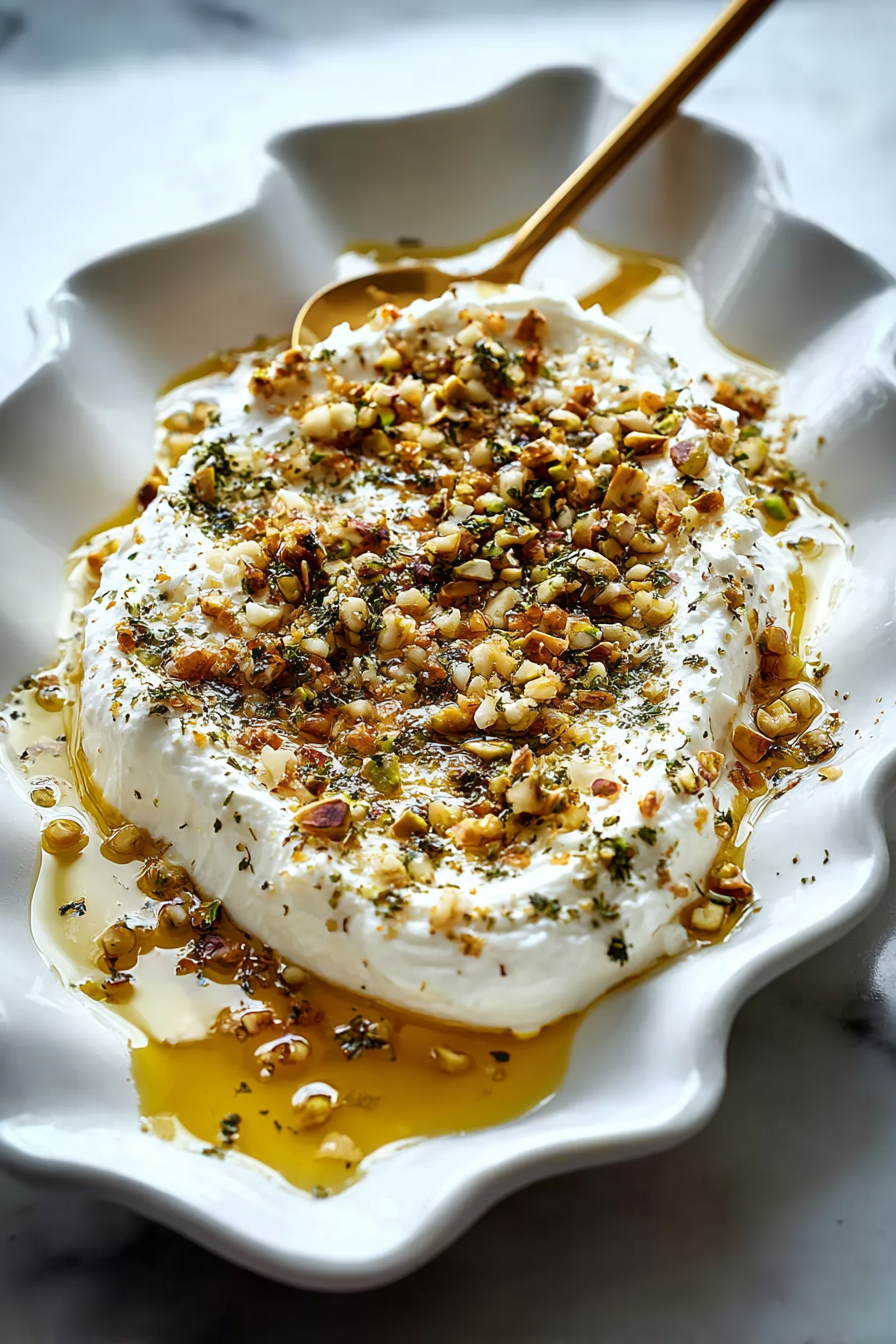 Boursin cheese topped with pistachios and honey on a wooden board