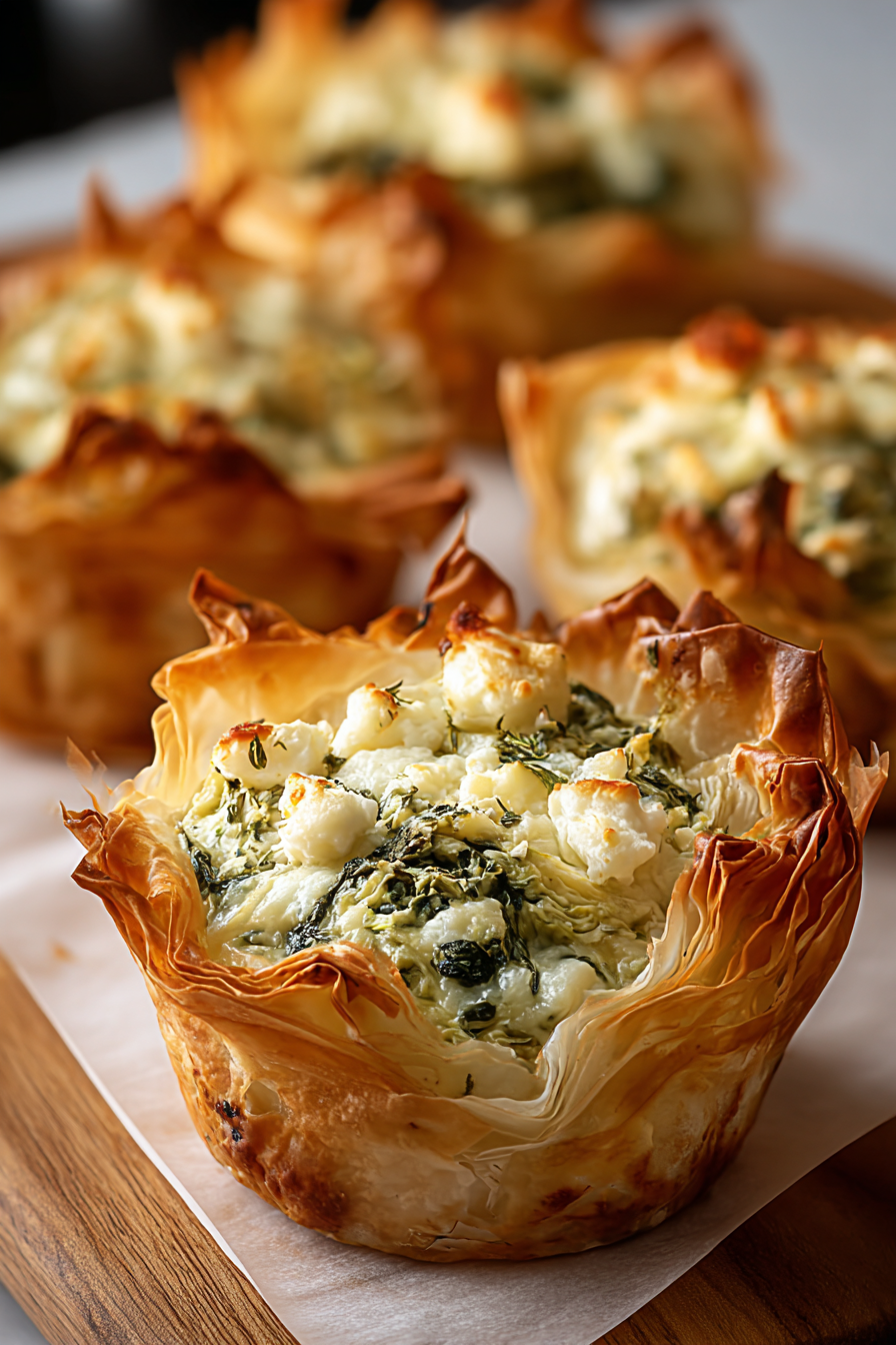 Baked spinach and artichoke phyllo cups on parchment