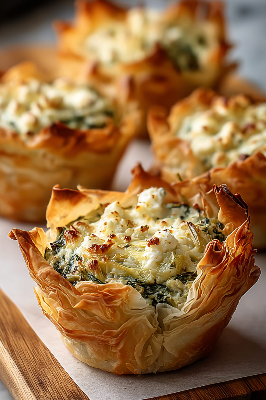 Close up of a filled phyllo cup with melted cheese