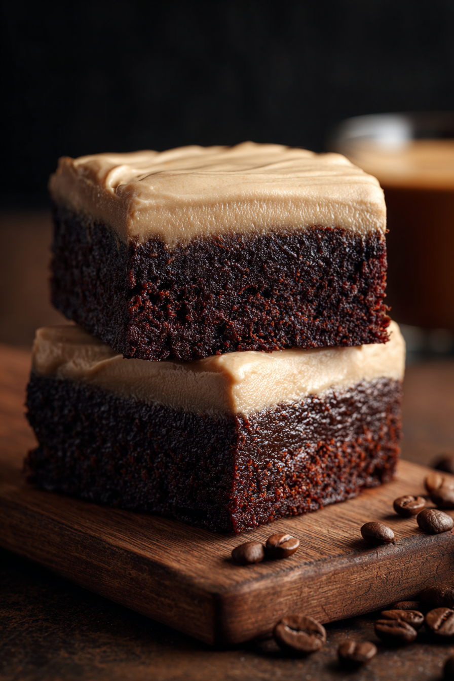 Frosted coffee brownies on a cooling rack