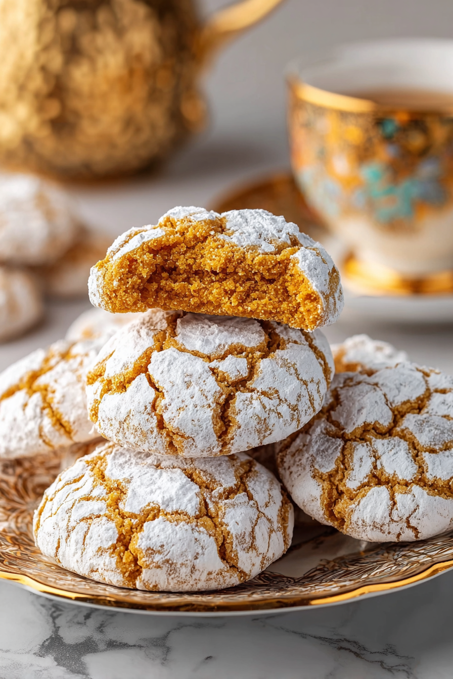 Pumpkin crinkle cookies on parchment, dusted with powdered sugar