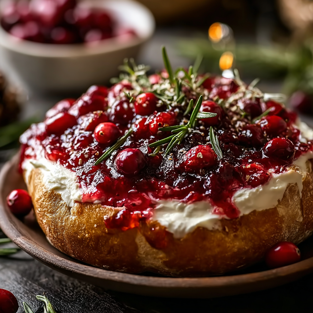 Baked cranberry cream cheese dip in a small casserole dish