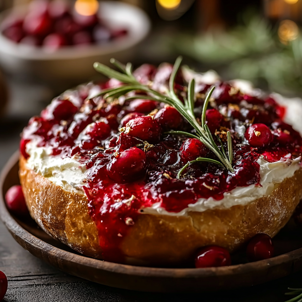 Close-up of melted cheese and cranberry topping