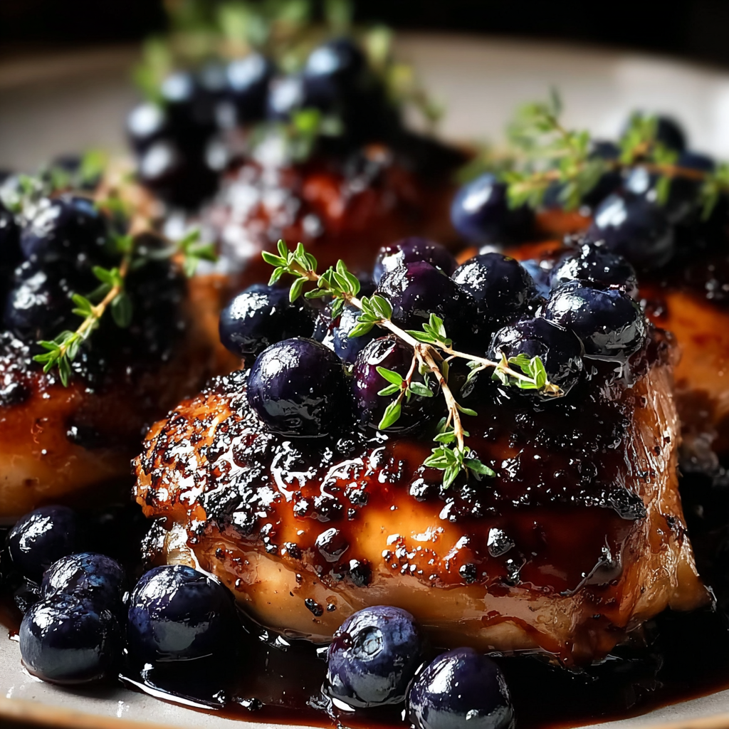 Seared chicken breasts with blueberry thyme glaze in skillet