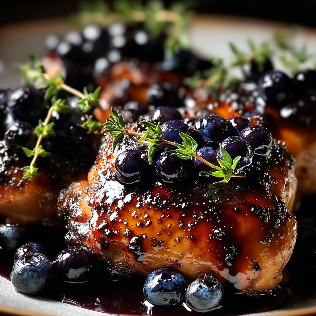 Close up of blueberry thyme sauce spooned over sliced chicken