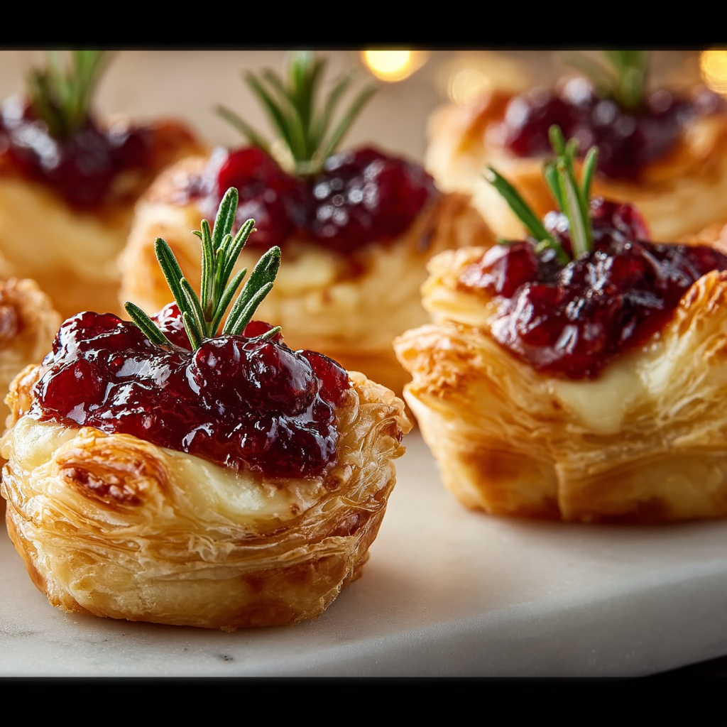 Plated cranberry brie bites garnished with thyme and pistachios