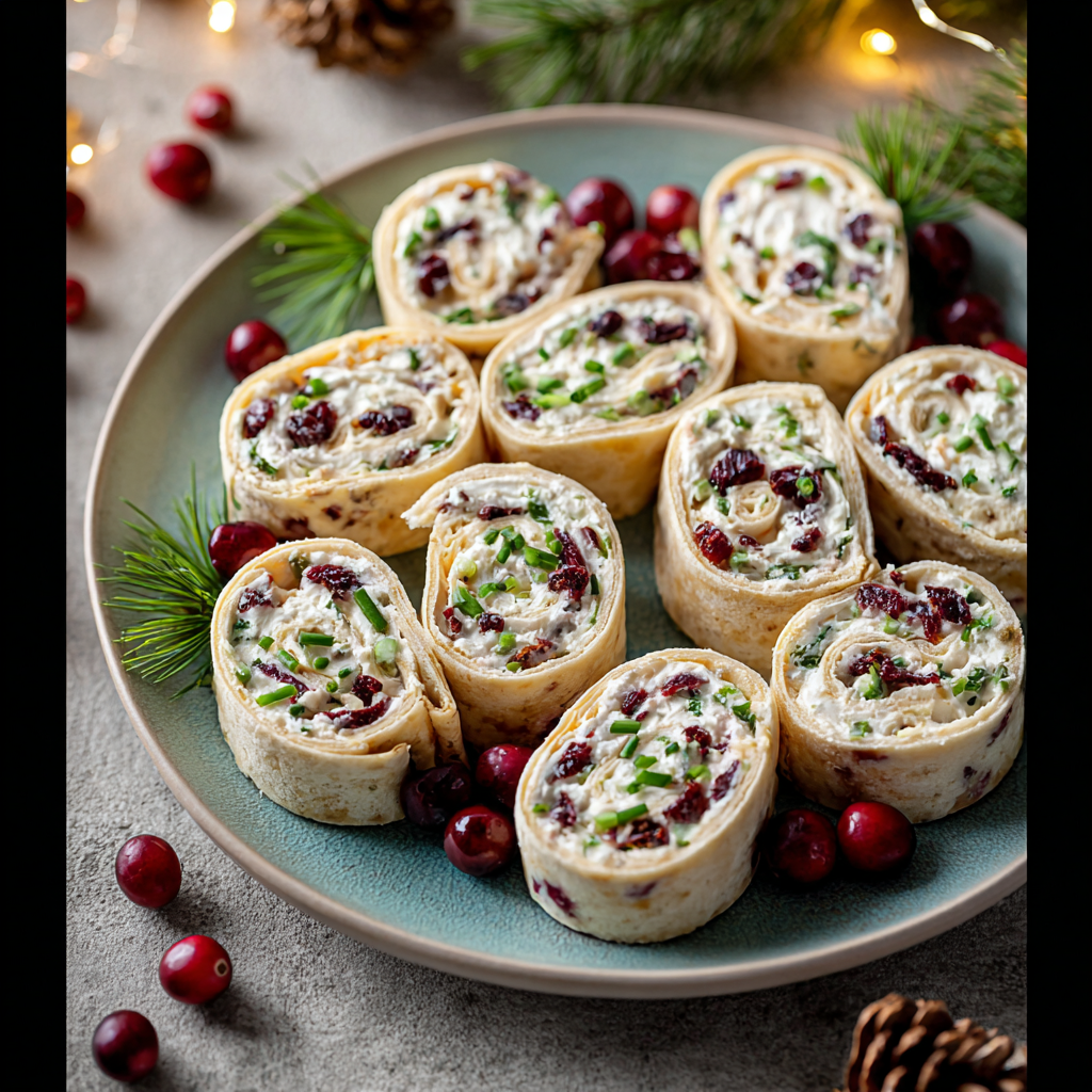 Sliced cranberry and cheese pinwheels on a platter