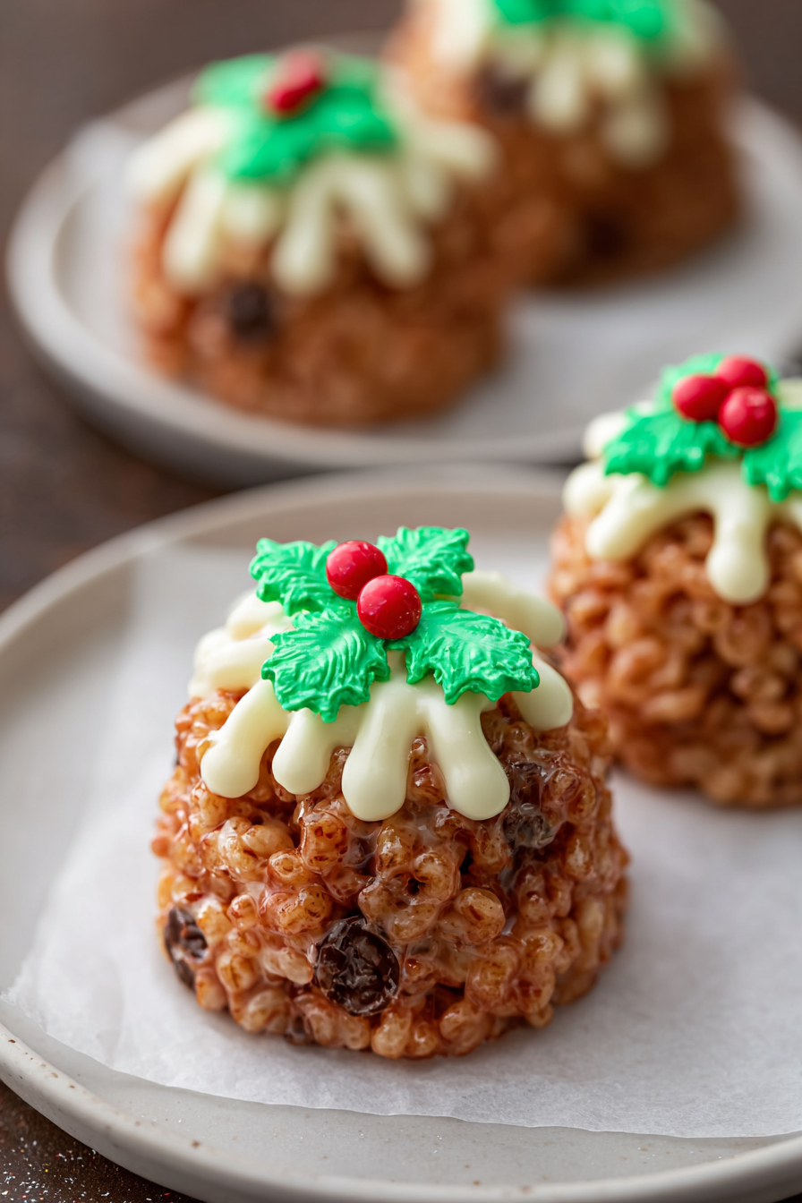 Rice Krispie Christmas pudds on parchment with holly decorations