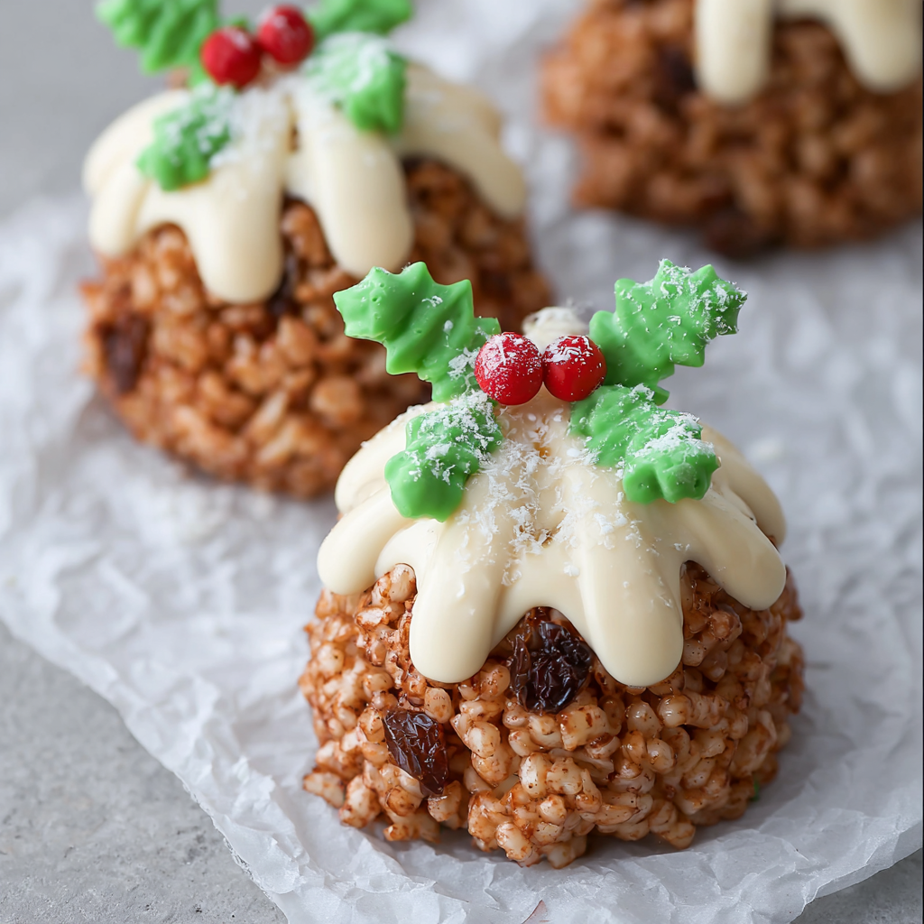Close-up of a Rice Krispie Christmas pud with white chocolate drizzle