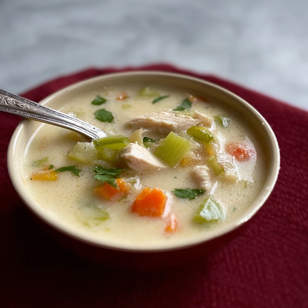 Cream of chicken soup simmering in a pot