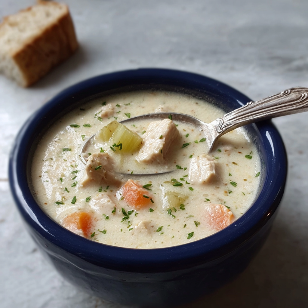 Creamy bowl of chicken soup served with herbs