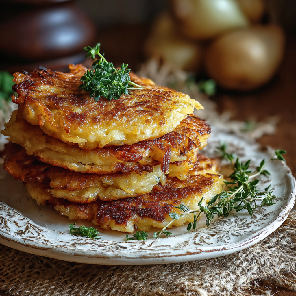 Stack of golden potato pancakes with tomato topping