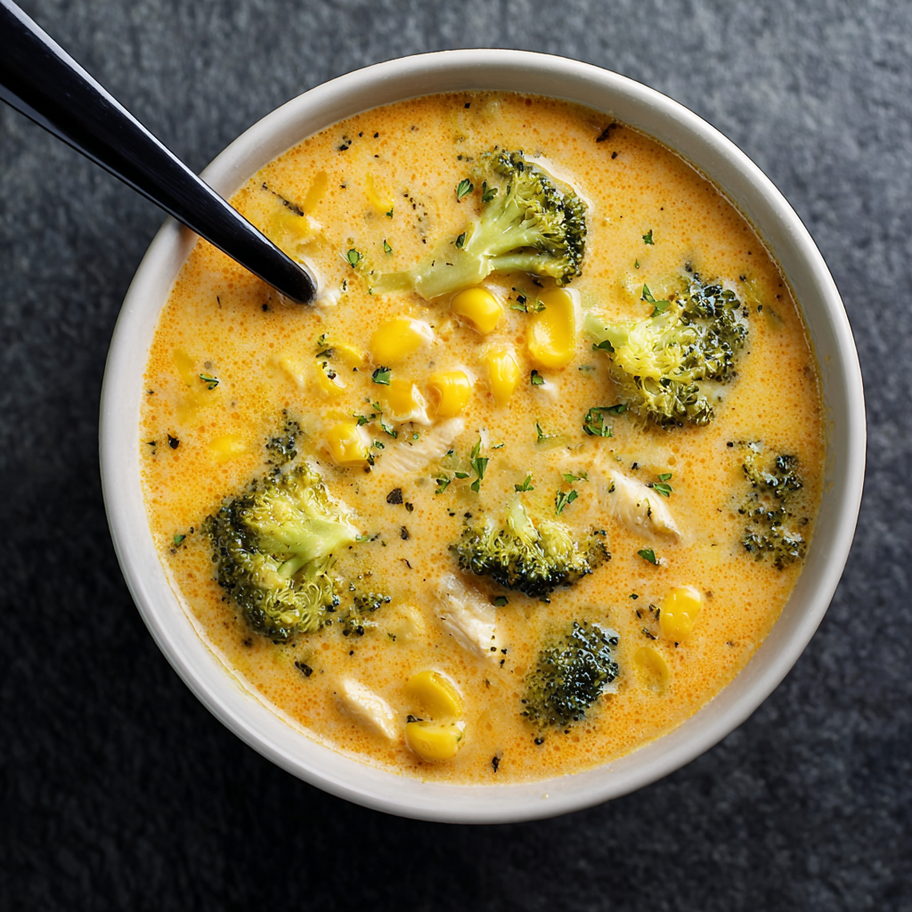 Broccoli cheddar soup in a bowl with bread