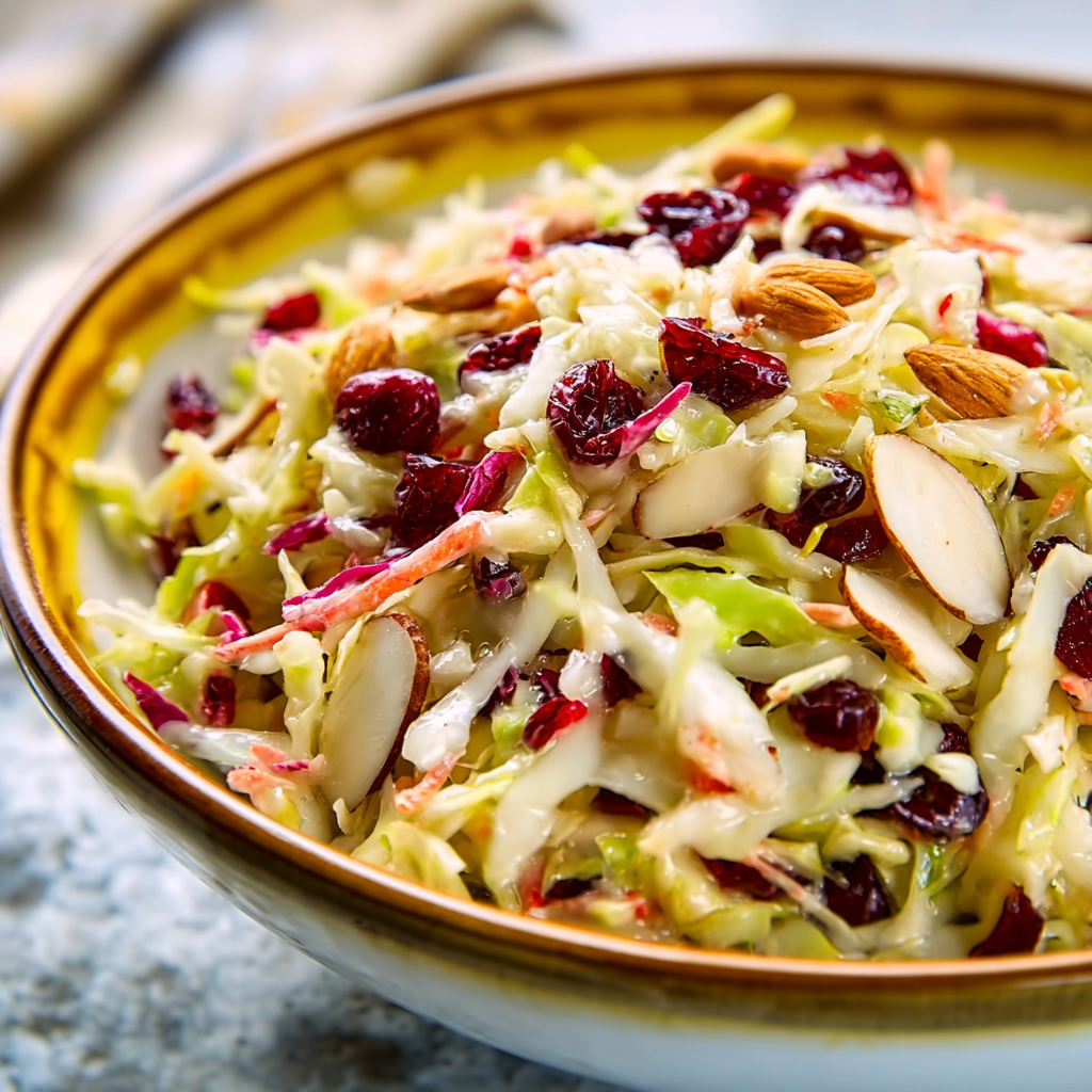 Cranberry almond slaw in a serving bowl