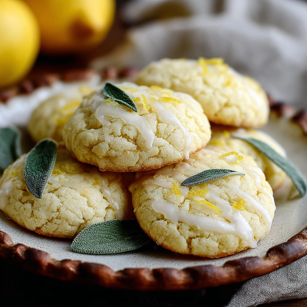 Close-up of lemon glazed ricotta cookie with basil