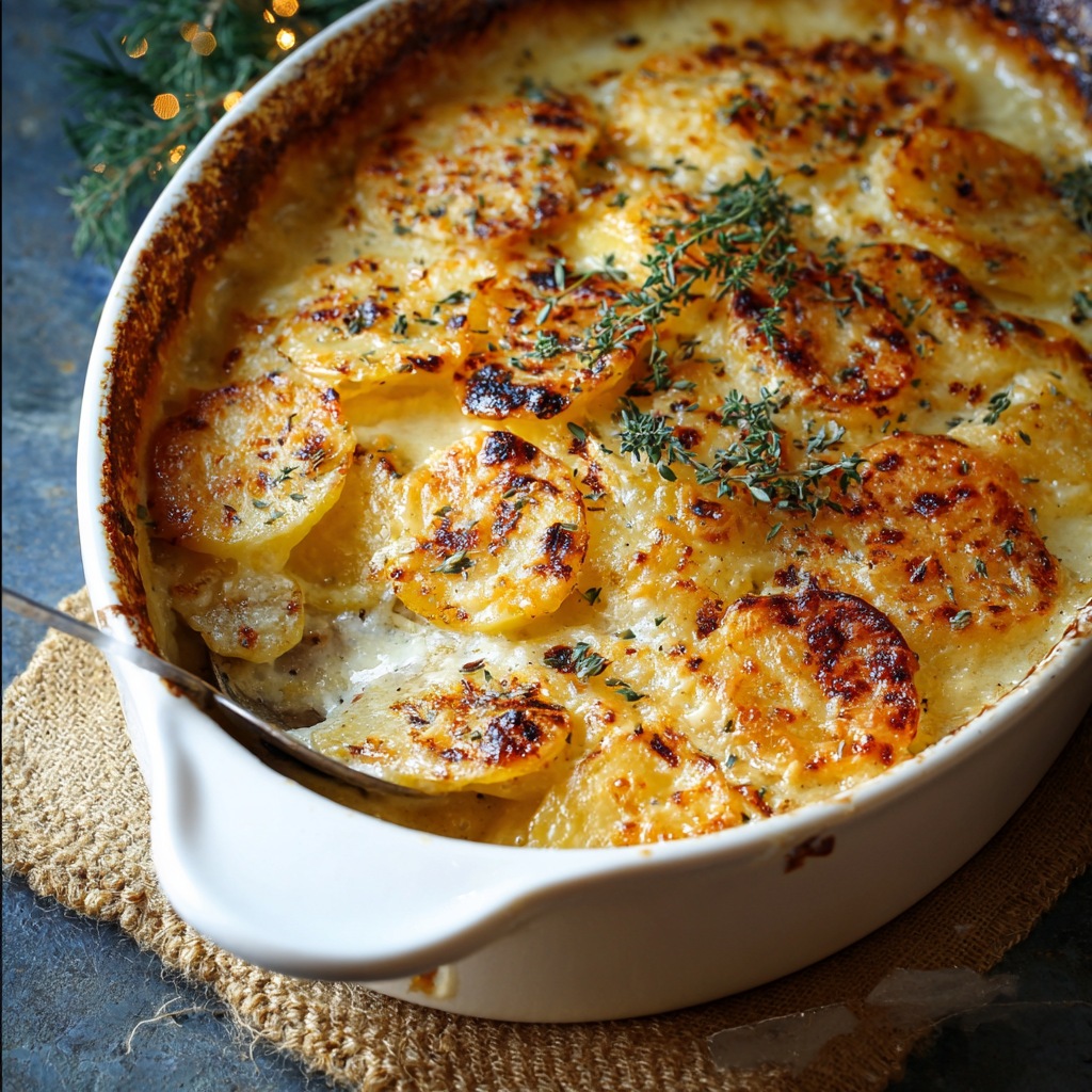 Close up of layered gratin slice on a plate