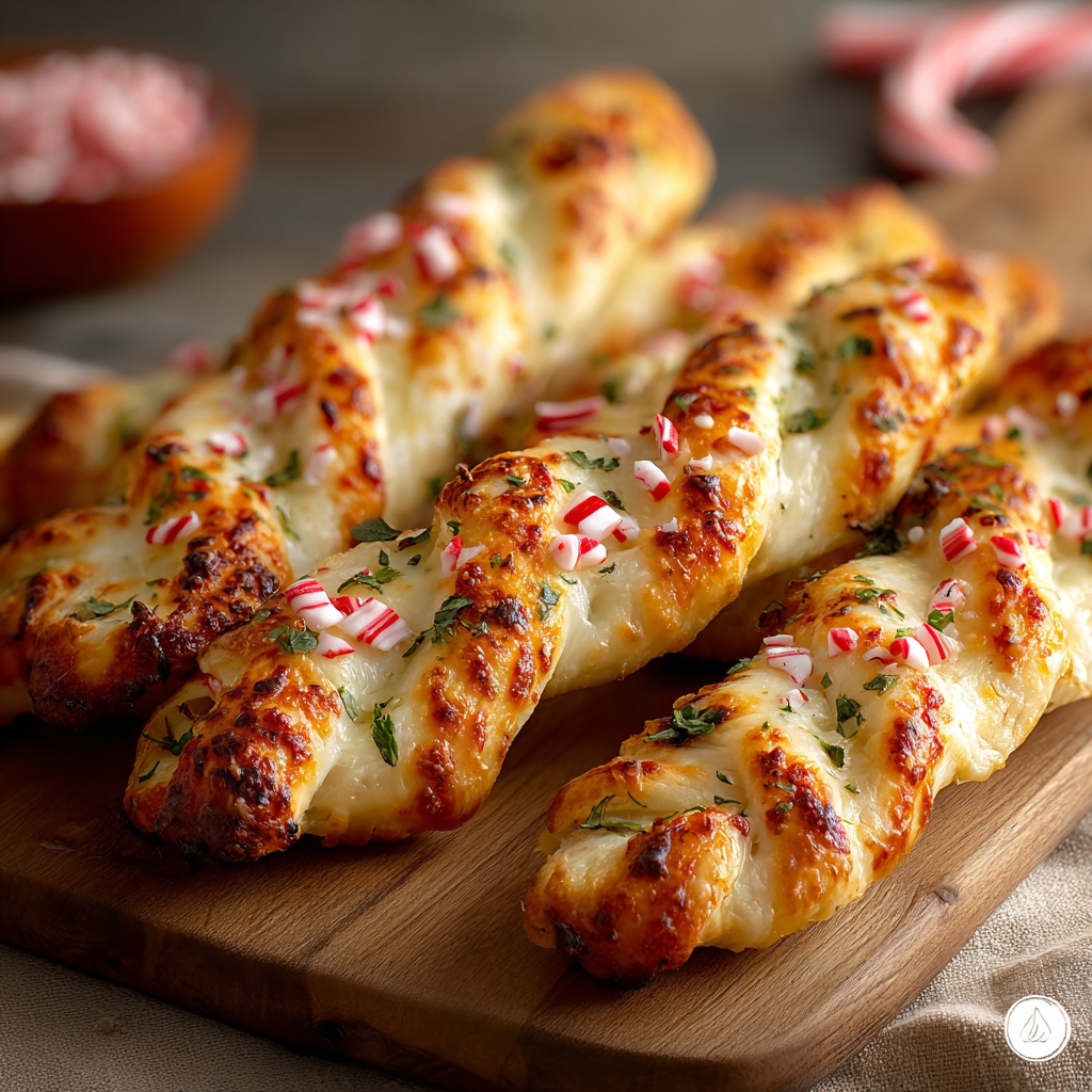 Candy Cane Pizza Bread Sticks on parchment