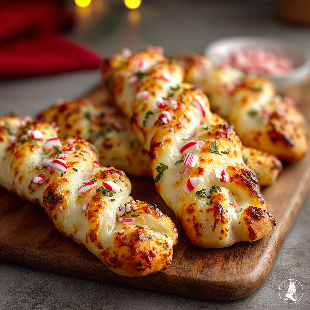 Hand holding a candy cane pizza bread stick