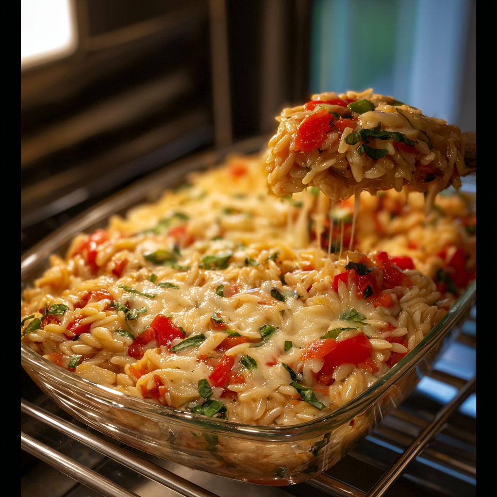 Baking dish of orzo with roasted vegetables and melted cheese