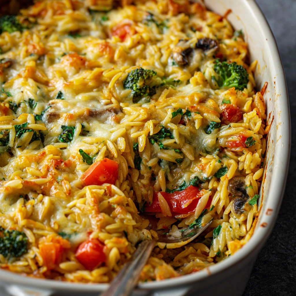 Close-up of cheesy orzo and vegetables, fork ready for serving