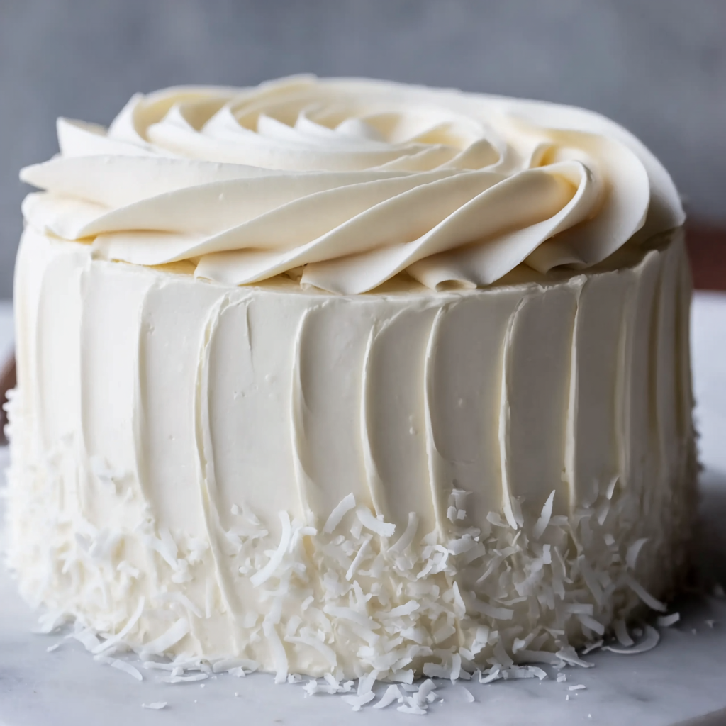Three layered coconut cake on a stand