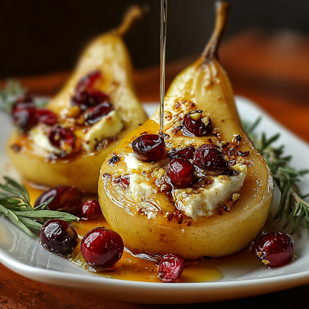 Close-up of stuffed baked pear with cranberry topping
