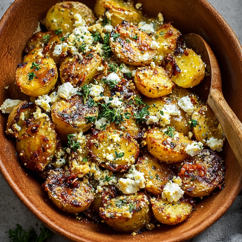 Baked feta in center of roasted potatoes
