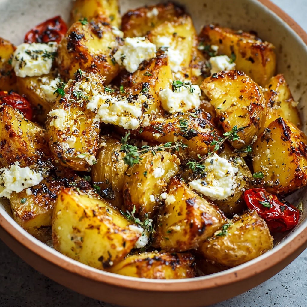 Finished baked feta potatoes with herbs