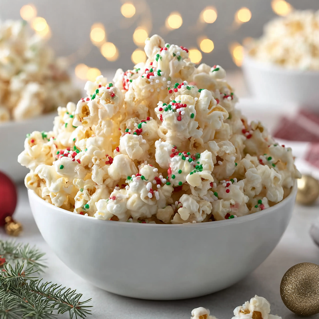 White chocolate being poured over puff corn on a baking sheet