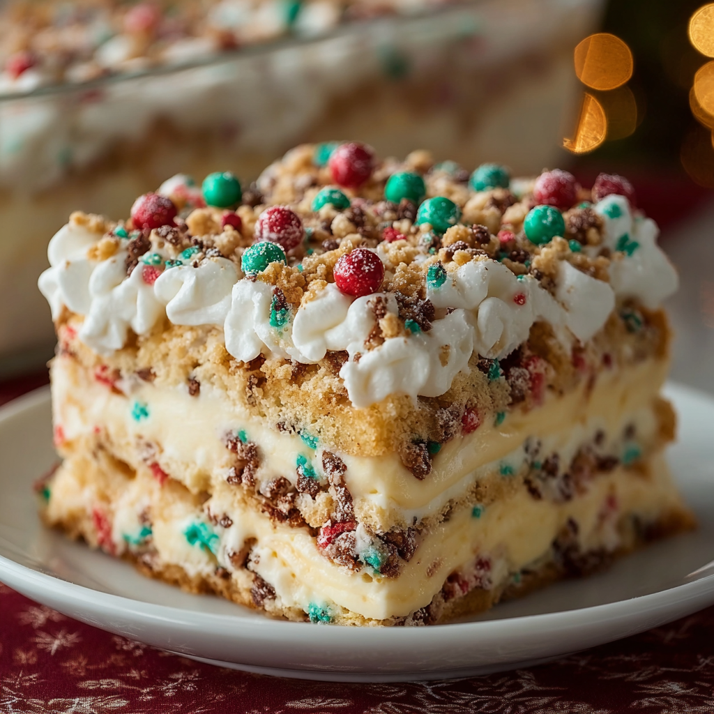 Close-up of layered cookie lasagna showing crumbs and cream