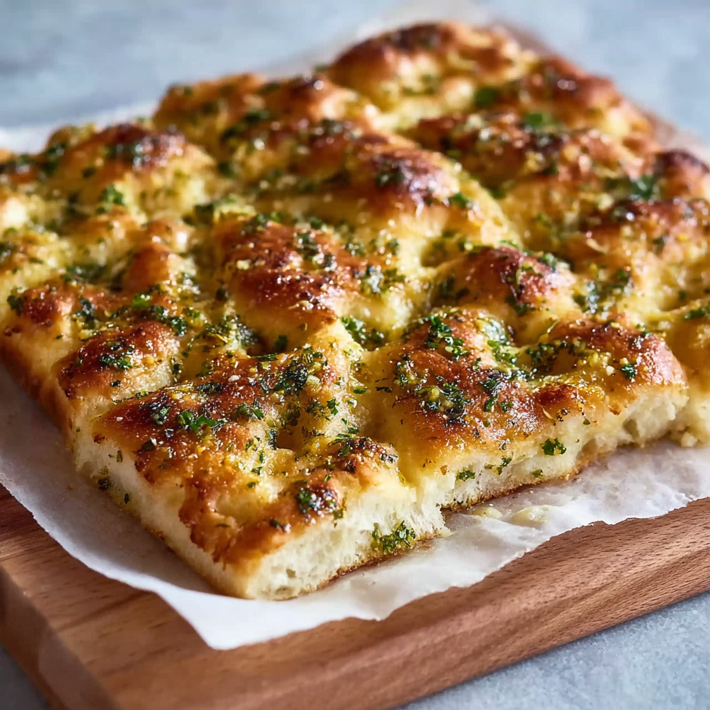 Garlic butter poured over focaccia dough in a bowl