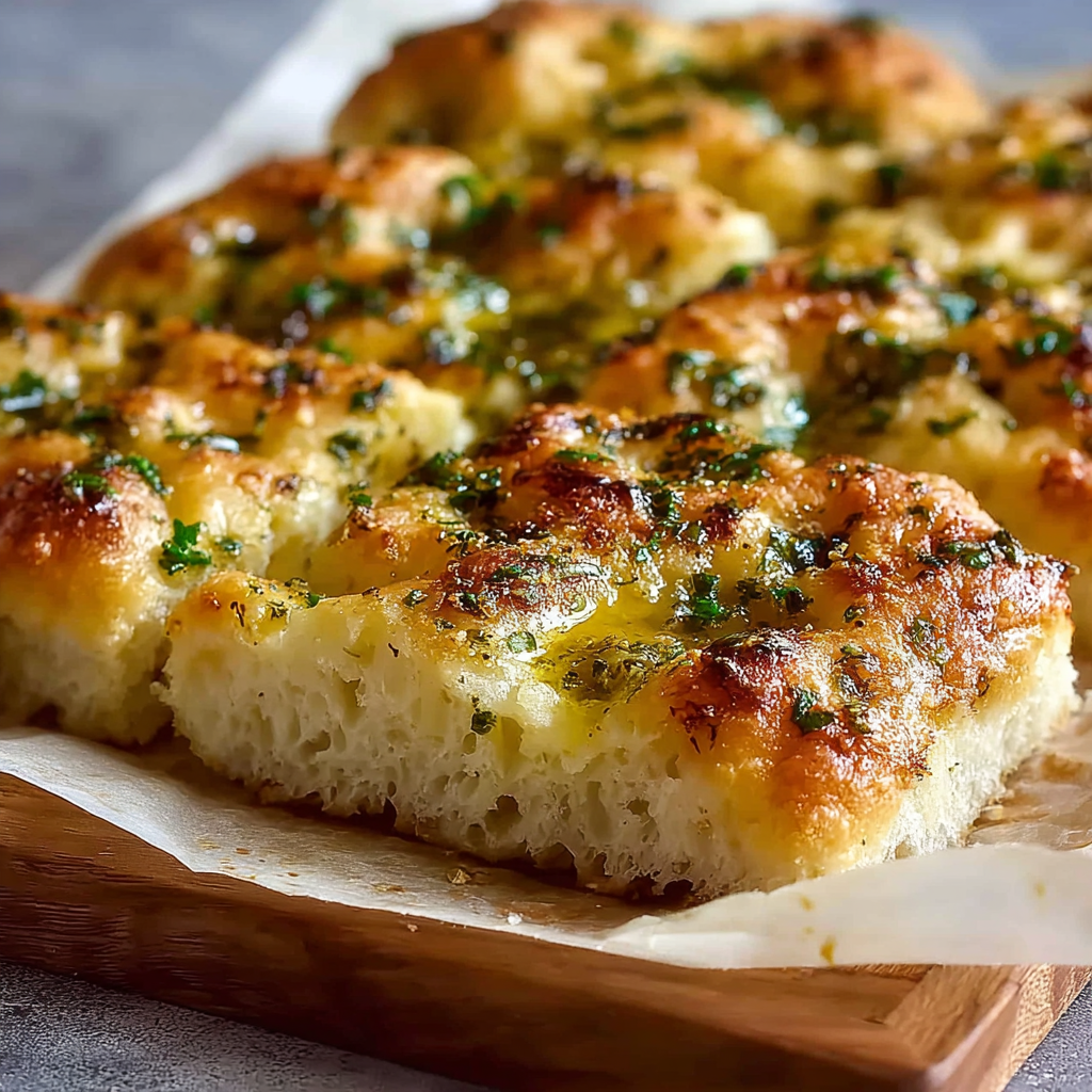 Baked focaccia cooling on a rack with golden crust