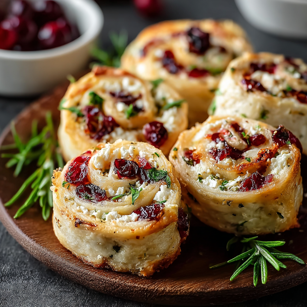 Tray of baked cranberry feta pinwheels cooling on rack