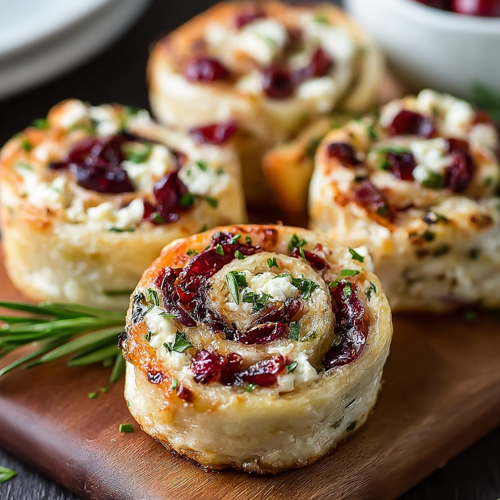 Close up of a cranberry feta pinwheel on a serving board
