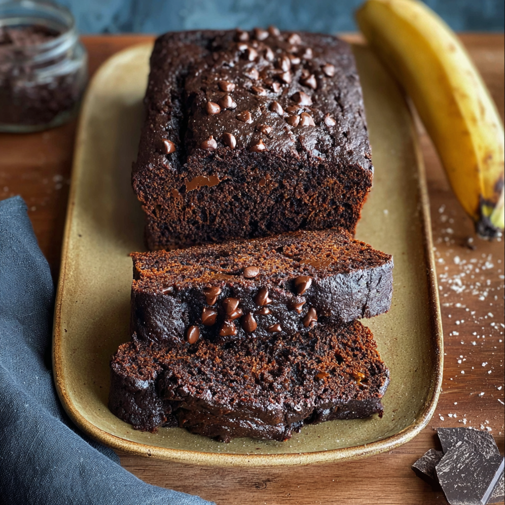 Chocolate Espresso Banana Bread cooling in loaf pan