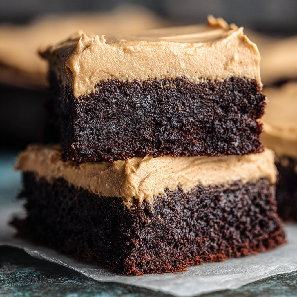 Sliced coffee brownies on a serving board