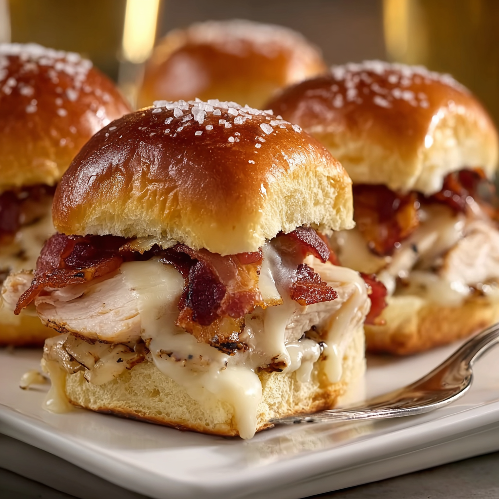 Golden baked maple chicken bacon sliders on a baking sheet