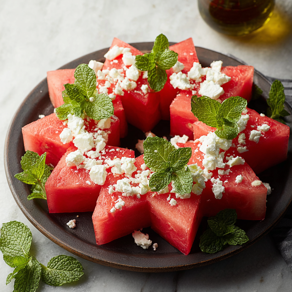Close-up of watermelon stars and feta