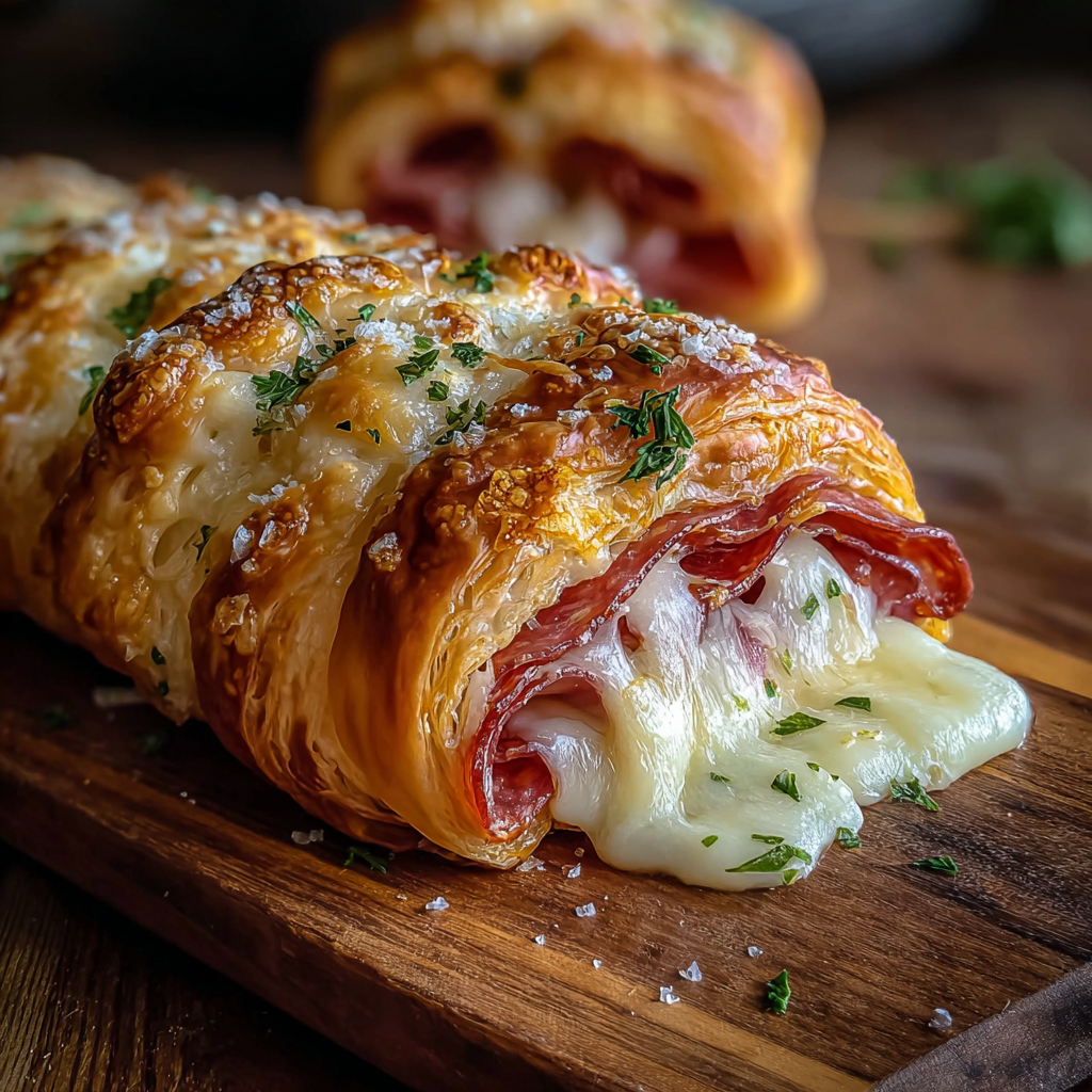 Slice of crescent roll sandwich with marinara